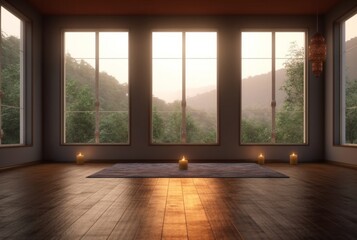 empty zen room or yoga studio with nature view from window and burning candles on floor. generative ai