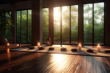 Fototapeta premium empty zen room or yoga studio with nature view from window and burning candles on floor. generative ai