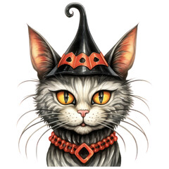 Watercolor Halloween Cat with Witch Hat, Spooky Season. Isolated on Transparent Background. Generative AI