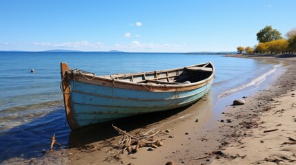 Fototapeta na wymiar Tranquil Abandonment: Serene Lake and an Old Wooden Boat, generative ai