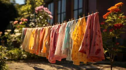 Sun-Kissed Laundry: Children's Clothing on the Line, generative ai