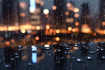 glass background with raindrops and street lights at night. generative ai