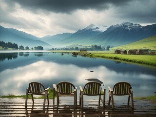 amazing stunning lanscape views, in front of a lake a cool and beautiful atmosphere, there are chairs to enjoy the view, a sheep is grazing, a row of mountains is faintly visible in the distance