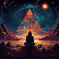 the prompt in Midjourney was this ''a young mage in ancient egypt, near the gyze pyramids, on a psychedelic psilocybin trip (with lots of sacred geometries), in front of a campfire. very starry sky''