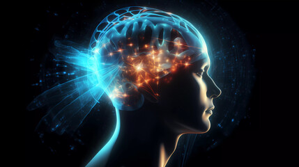 Human head with a luminous brain network,Neuroscience,AI artificial intelligence concept.