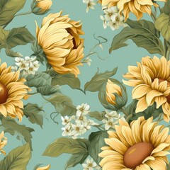 pattern tile sunflower and buds Baroque seamless wallpaper