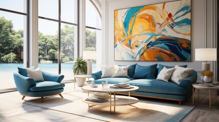 Artistic Expression: A Modern Living Room with Abstract Decor, generative ai