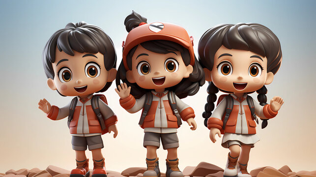 Cute 3D illustration of 3 kids dressed in red and white
