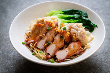 egg noodle with red roasted pork and wonton