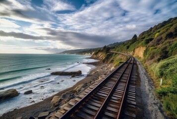 Fototapeta na wymiar view of railroad tracks with beach. generative ai