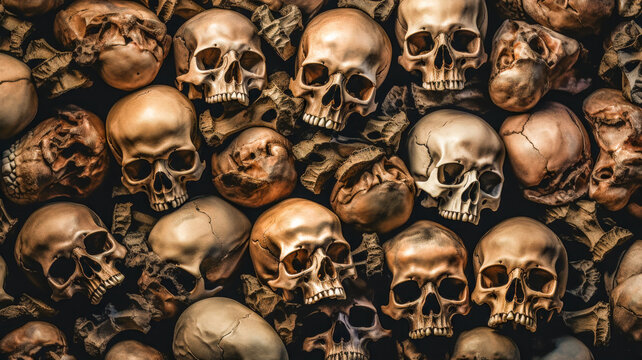 Crypt of Skulls: A Spooky and Morbid Background with a Catacomb of Human Remains and Sepia Filter AI Generative
