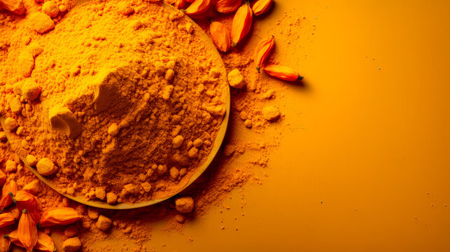 Turmeric and Flowers: A Colorful and Aromatic Background with a Herbal Ingredient and a Wooden Plate AI Generative
