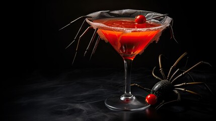 Festive Halloween cocktail with a spooky spider on a dark, eerie background. Perfect for the holiday.