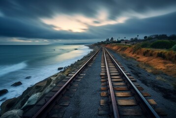 Obraz premium view of railroad tracks with beach. generative ai