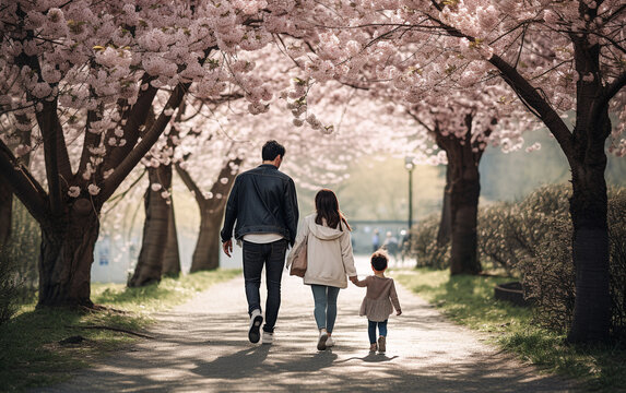 Back view of a mother, father and a baby walking at the park of cherry blossom. Generative AI.