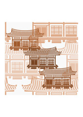 Editable Front View Wide Traditional Hanok Korean House Building Vector Illustration as Seamless Pattern for Creating Background and Decorative Element of Oriental History and Culture Related Design