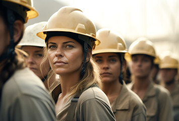 Women construction workers and architects together in hard hats. workers for safety. USA Labor Day celebration. Generative AI.