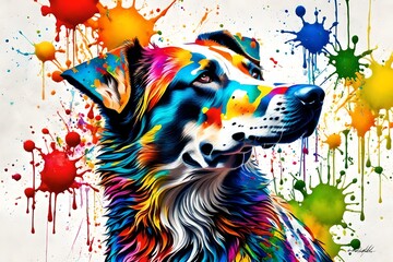Splatter Art, A captivating splatter art composition featuring a majestic dog surrounded by colorful splashes of paint. The splatters form musical notes and symbols, representing the harmonious nature