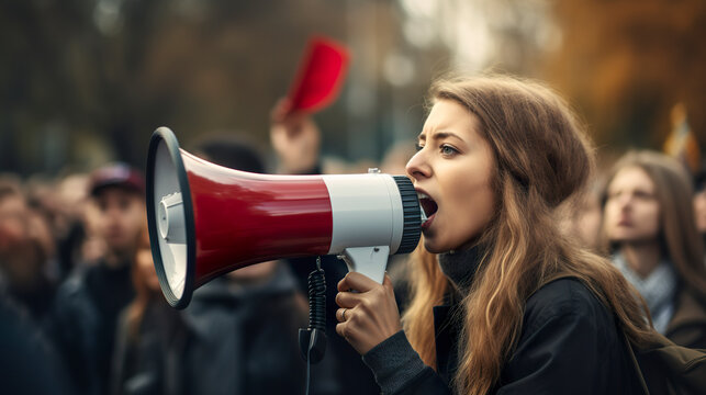 Woman using megaphone to protest during a demonstration as a female activist. A woman engaged in activism, using a megaphone to make her voice heard amidst a demonstration. Generative AI