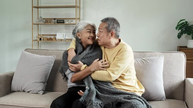 Adorable senior couple spending time together on the sofa, husband cover blanket for his wife.