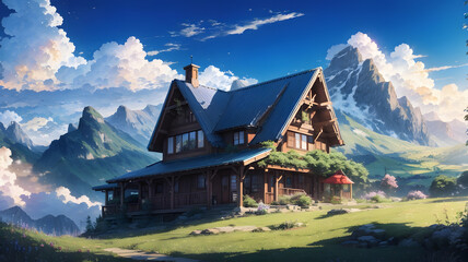 a House in the mountain in anime style