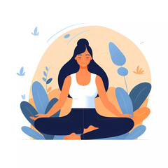 Young healthy woman meditating on natural background. Mindfulness Meditation Concept. illustration for yoga, meditation, relax and healthy lifestyle. Vector illustration in flat style