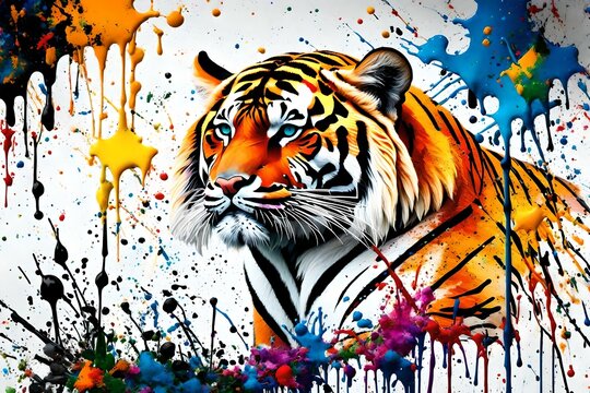 Splatter Art, A captivating splatter art composition featuring a majestic tiger surrounded by colorful splashes of paint. The splatters form musical notes and symbols, representing the harmonious.