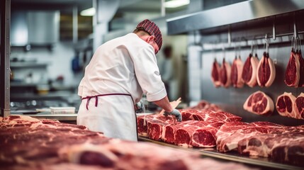 butcher cuting meat in a butcher shop generative ai