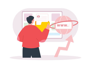 Social media marketing illustration. Marketing vector illustration. Marketing concept illustration. Digital marketing and promotion illustration. Men and women taking part in marketing activities.