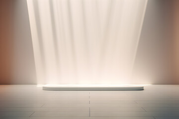 blank stage for display of presentation product with white wall room with shadow and light from windows, in the style of minimalist background, modern interior concept, AI generate