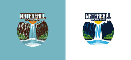 Waterfall logo design, high cliff waterfall vector illustration with vintage and modern concept © SlametWahono