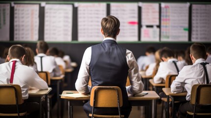 Obraz premium teacher grading papers in a quiet classroom generative ai