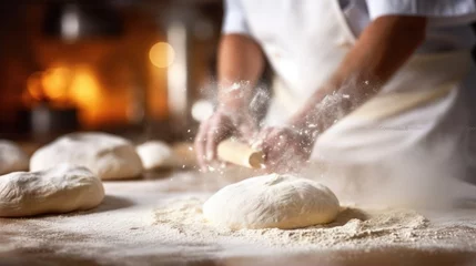 Fototapete Bäckerei baker kneading dough in a bakery generative ai