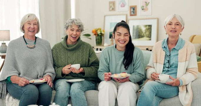 Senior women, tea and portrait of friends at a retirement home for quality time, chat or relax. Elderly people or group with a happy caregiver on a sofa for food and social visit while funny together