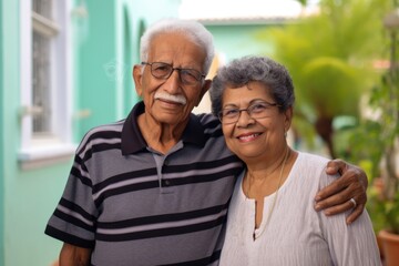 Happy smiling Hispanic senior couple looking at the camera. 