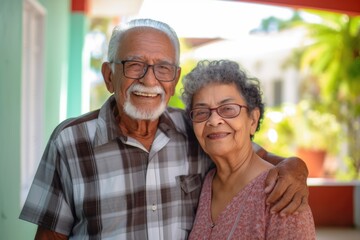 Happy smiling Hispanic senior couple looking at the camera.