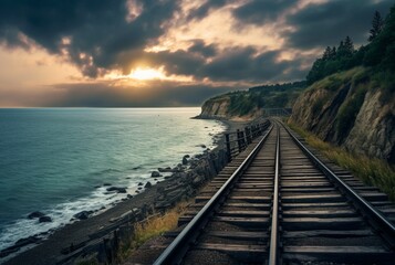 Obraz premium view of railroad tracks with beach. generative ai