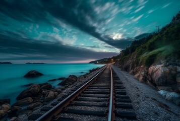 view of railroad tracks with beach. generative ai