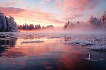 Ice Forming on Lake Surface at Dawn