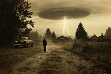 Gordijnen Vintage Photograph of UFO Sighting in 1950s © wii