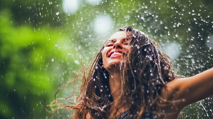 Woman walking and smiling in the rain - Generative AI