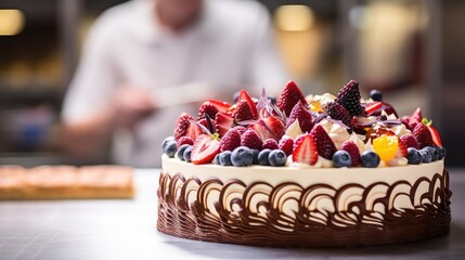 Naklejka na ściany i meble pastry chef decorating a cake in a bakery generative ai