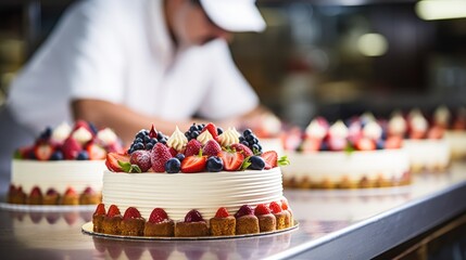pastry chef decorating a cake in a bakery generative ai