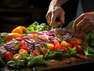 Fotobehang Chef's Knife Slicing Through Fresh Vegetables © wii