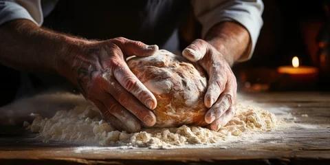 Crédence de cuisine en verre imprimé Pain Pair of Hands Kneading Dough for Bread