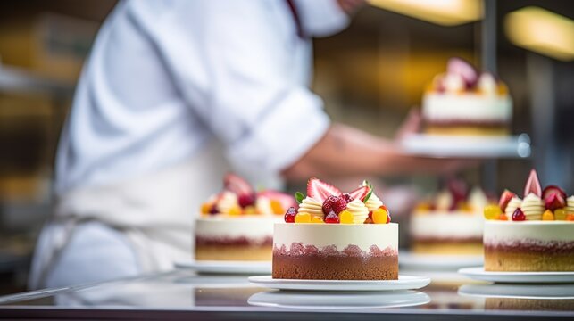 pastry chef decorating a cake in a bakery generative ai