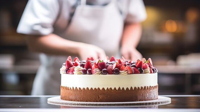 pastry chef decorating a cake in a bakery generative ai