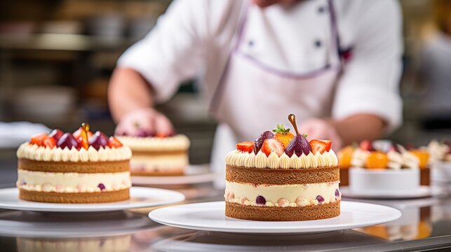 pastry chef decorating a cake in a bakery generative ai