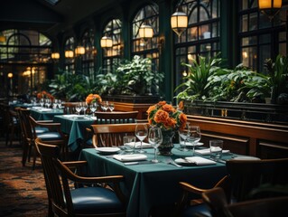 Fototapeta na wymiar Upscale Restaurant Interior with Elegant Decorations