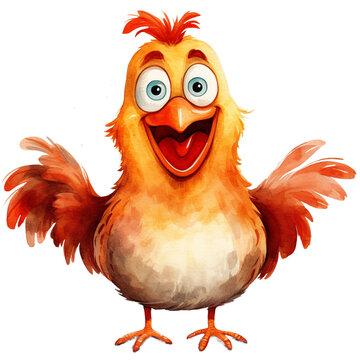 Funny farm animal cartoon chicken big eye laughing out loud happy expression, watercolor digital clipart